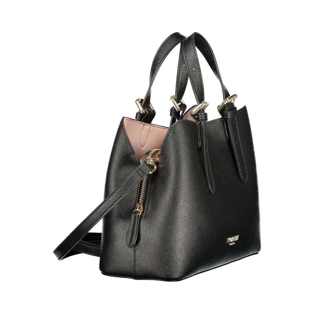 Twinset Nero polyurethane black handbag with top handles and gold-tone hardware, pink interior peek front view