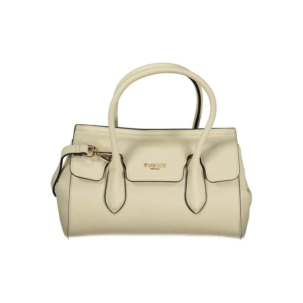 Twinset beige polyurethane women tote bag, structured exterior with logo plaque, front view.