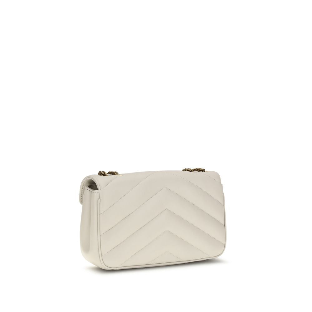 Saint Laurent LouLou Small Shoulder Bag, cream leather with chevron quilting, three-quarter front view