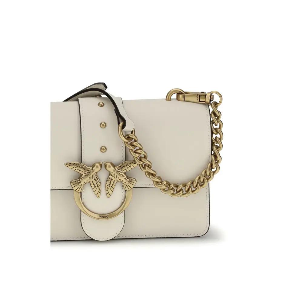 PINKO Bos Taurus beige calf leather shoulder bag with gold chain, front view