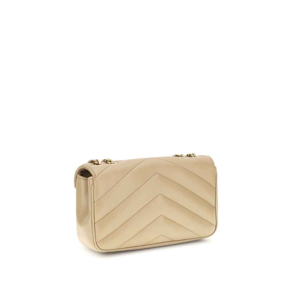Saint Laurent Loulou Small Beige Leather Shoulder Bag, chevron quilted, three-quarter front view
