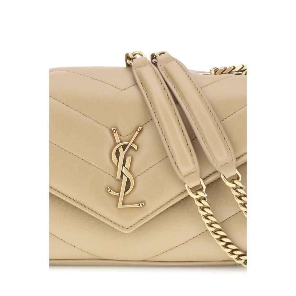 Saint Laurent Loulou small beige leather shoulder bag, gold-tone YSL logo, chain strap, logo detail