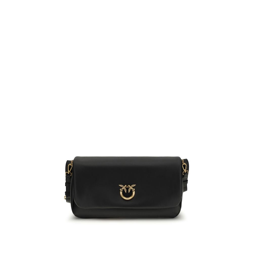 PINKO Baguette Soft shoulder bag, black leather with gold-tone ring logo, front view.