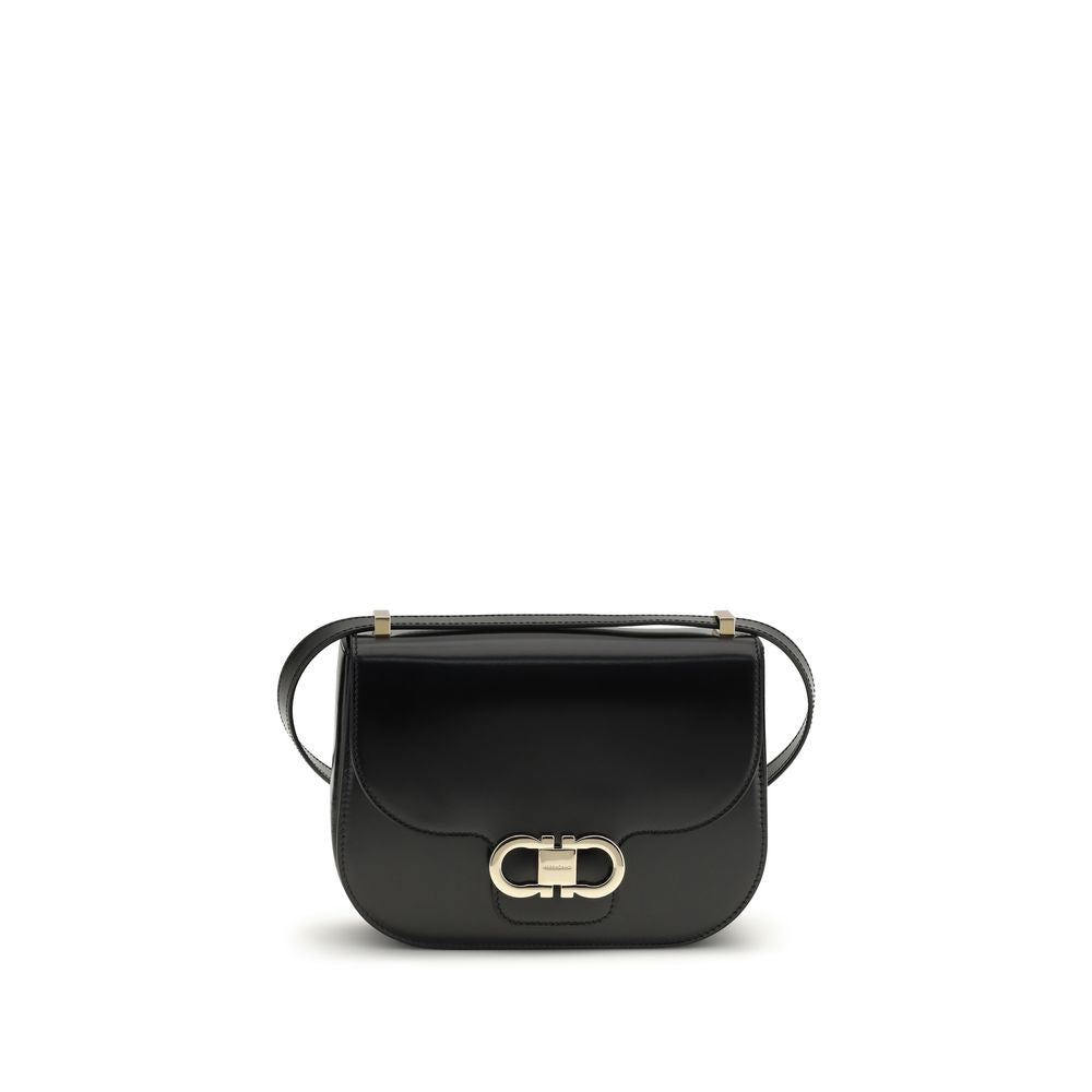 Ferragamo North-South Double Gancini black leather shoulder bag front view
