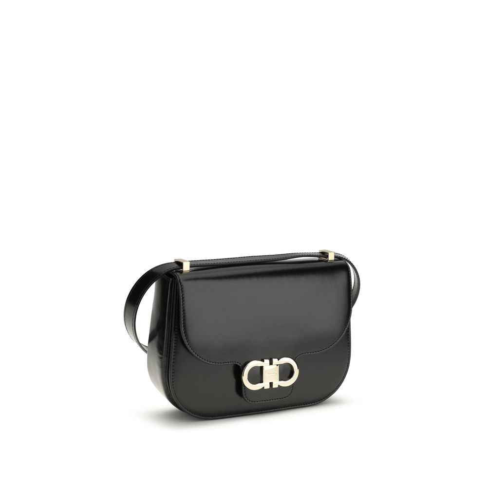 Ferragamo North-South Double Gancini black calf leather shoulder bag, front view