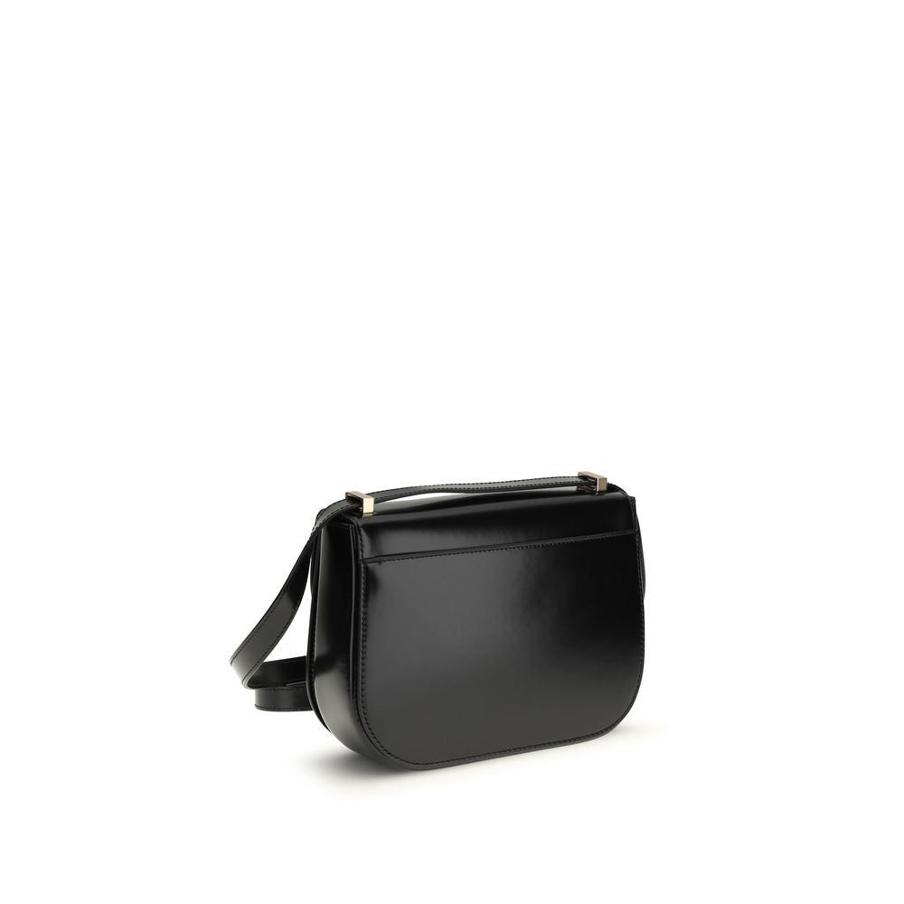 Ferragamo North-South Double Gancini Shoulder Bag, black patent leather, three-quarter view
