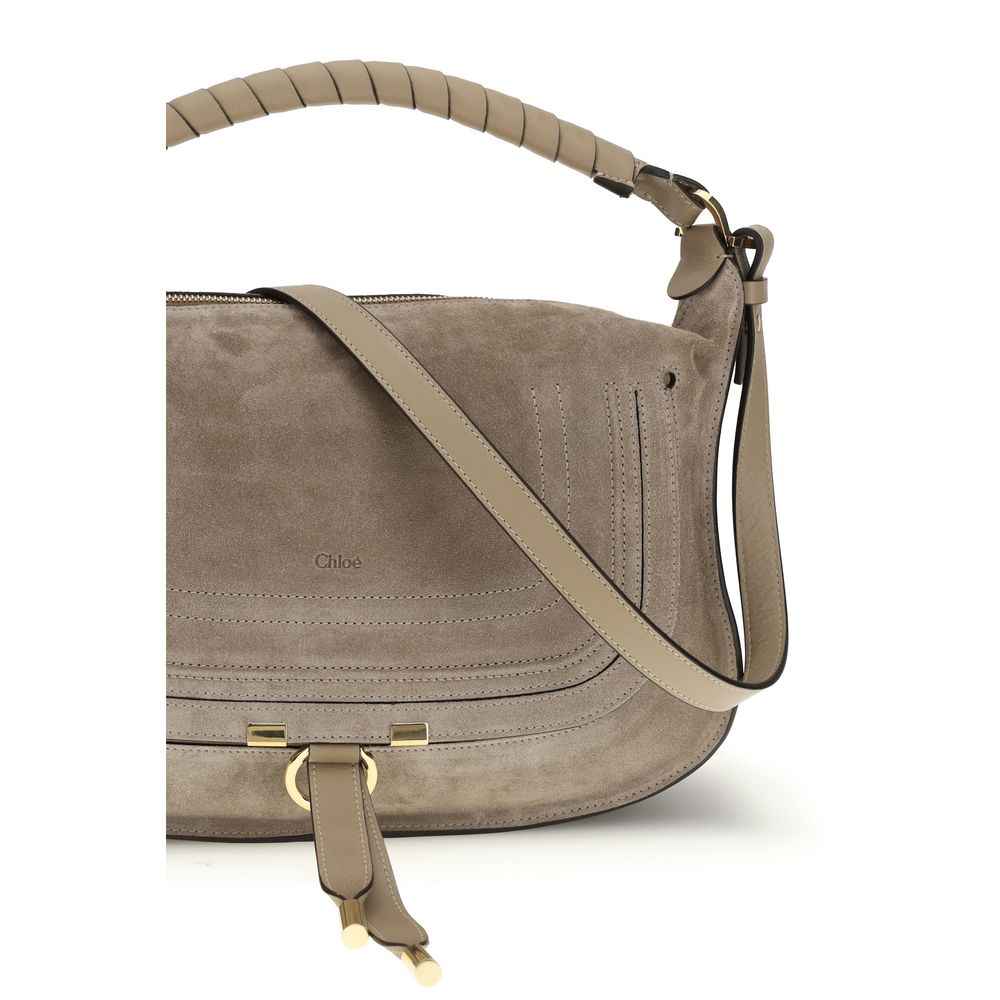 Chloé Small Marcie Shoulder Bag, taupe suede, light beige strap, front view
