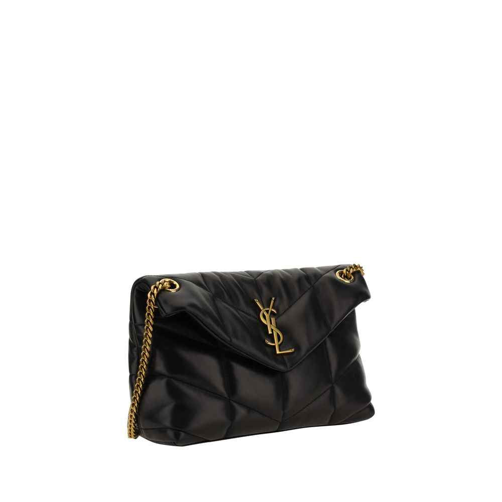 Saint Laurent Loulou Puffer Shoulder Bag, black quilted leather with gold-tone chain, YSL logo, front view.