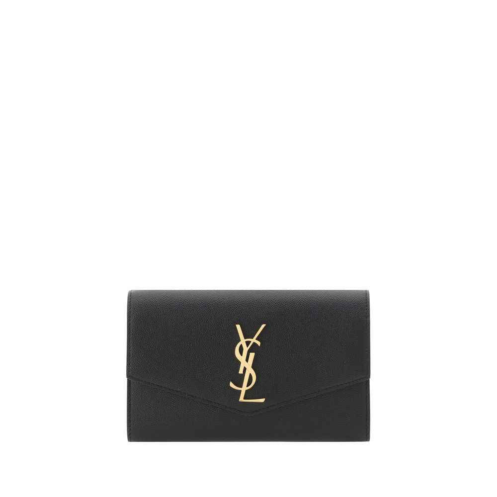 Saint Laurent Cassandre Small Chain Wallet, black calf leather, front view