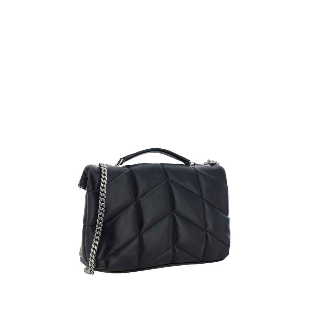 Saint Laurent Loulou Small top-handle bag, black quilted leather, three-quarter view
