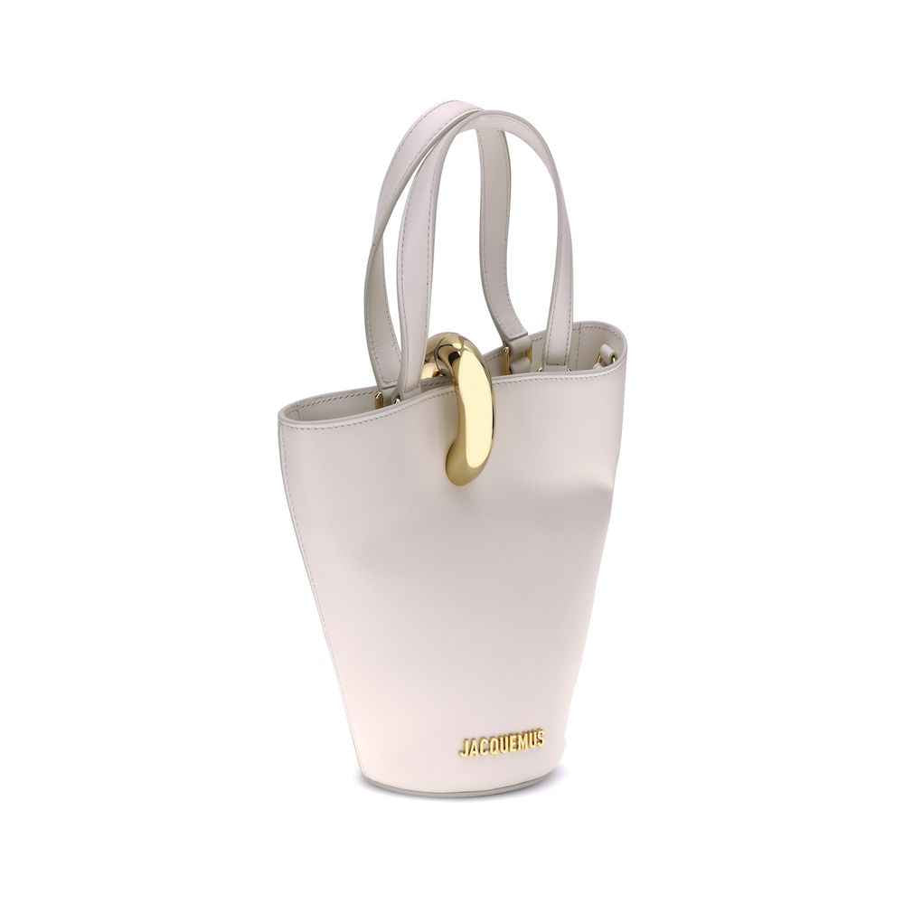 Jacquemus La Bambola Small Bucket Bag in beige calf leather, front view.