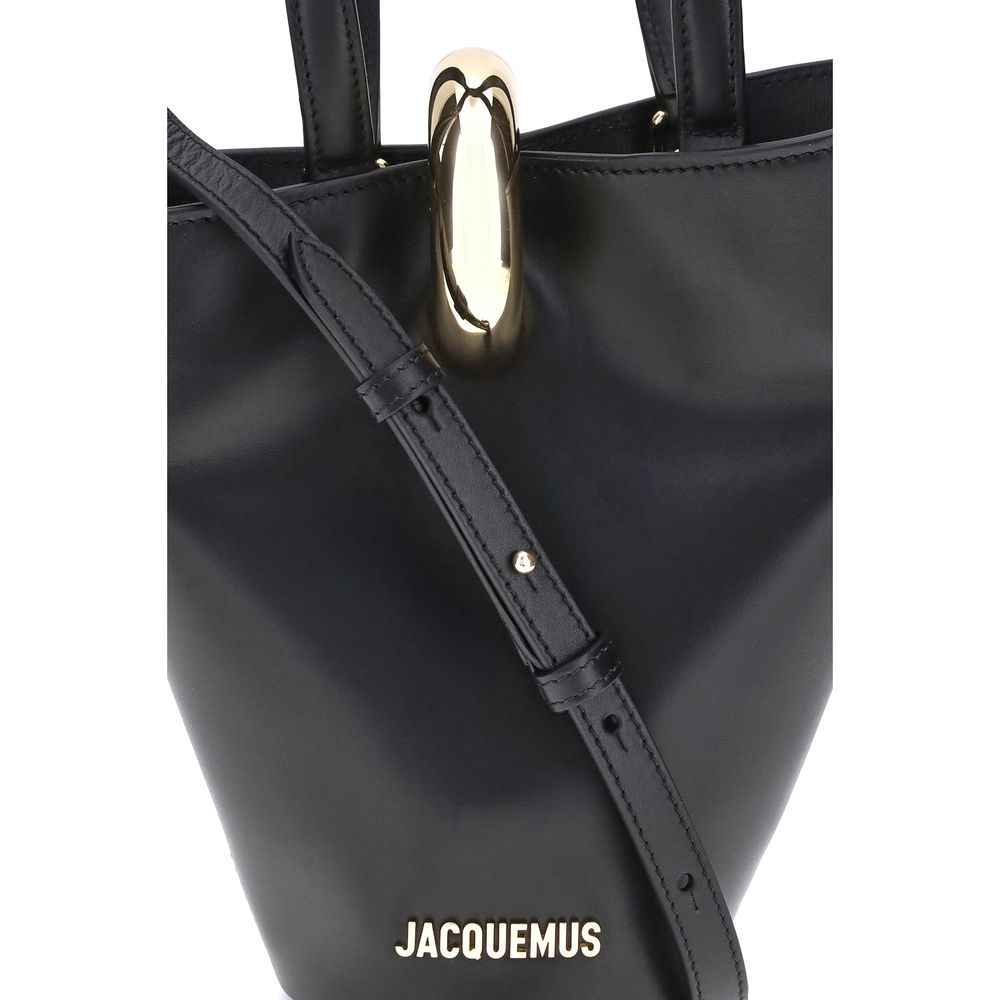Jacquemus La Bambola small bucket bag in black calf leather front view