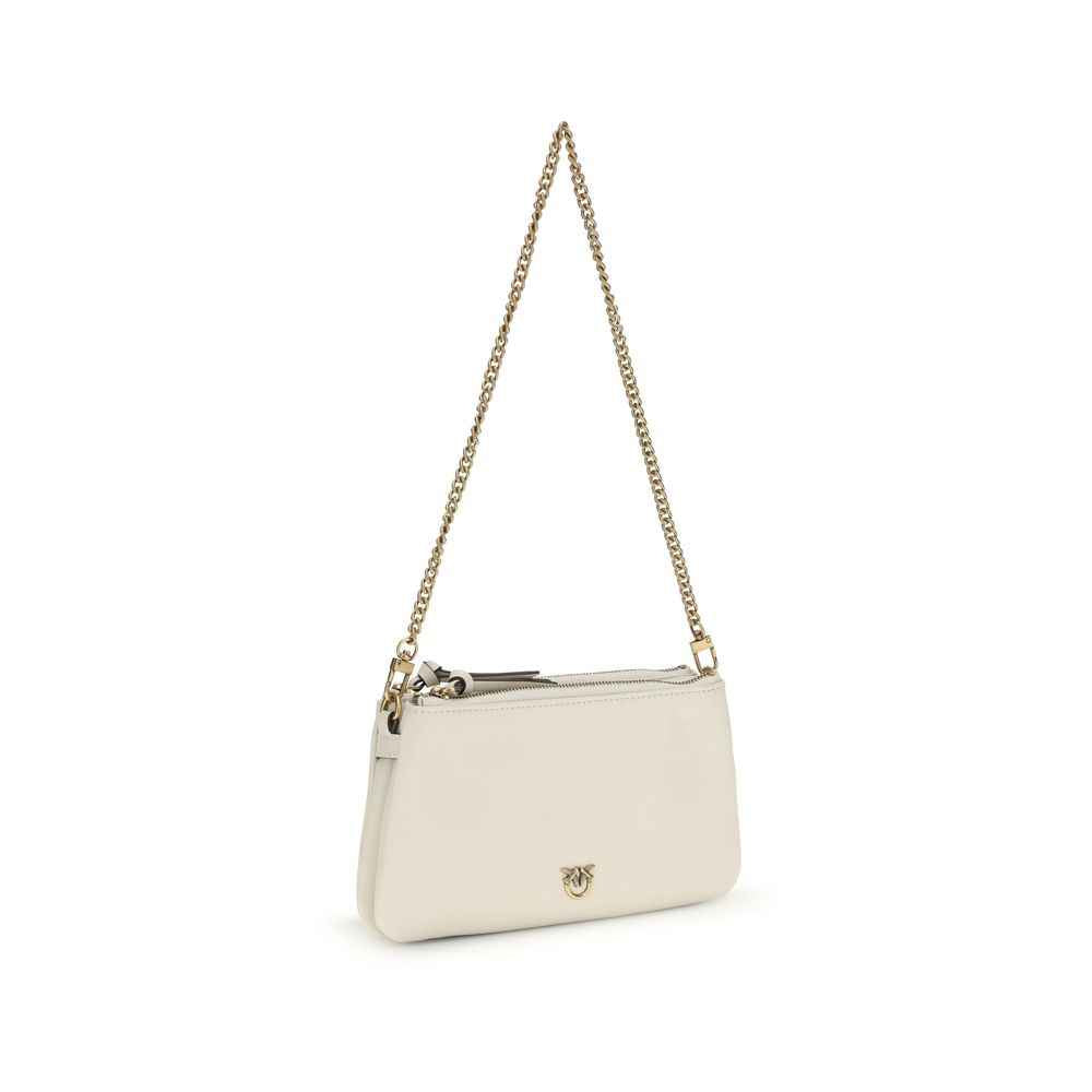PINKO Mini Double Bag beige calf leather shoulder bag with gold chain strap front view