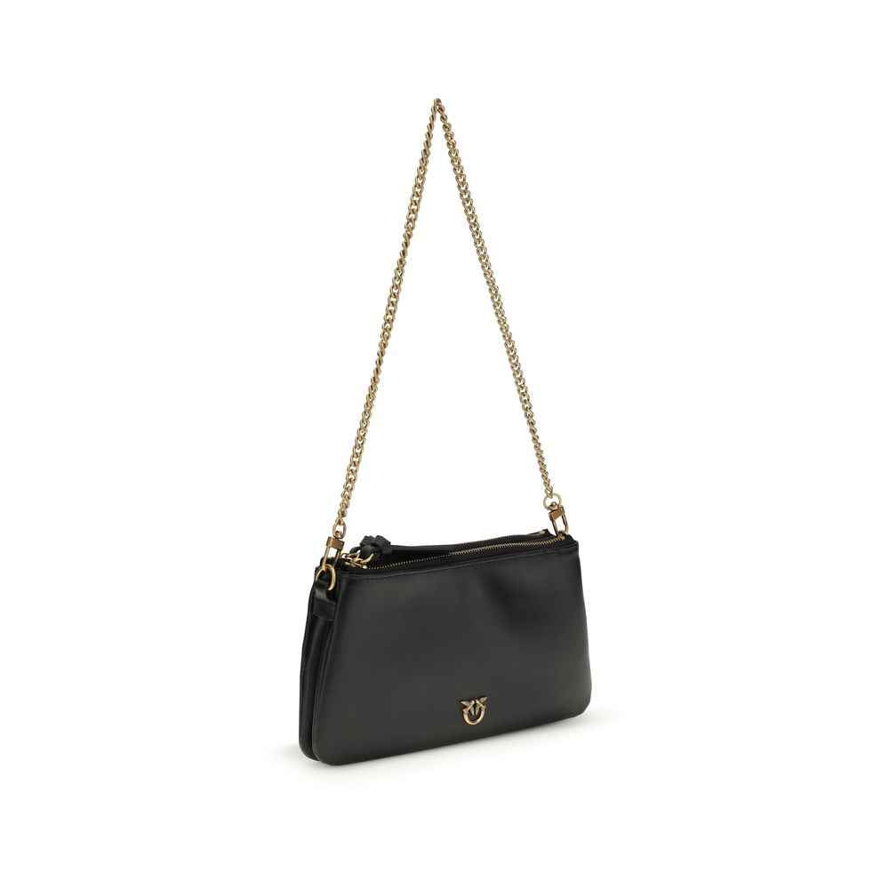 Pinko Mini Double Bag, black calf leather crossbody, gold chain strap, front view.