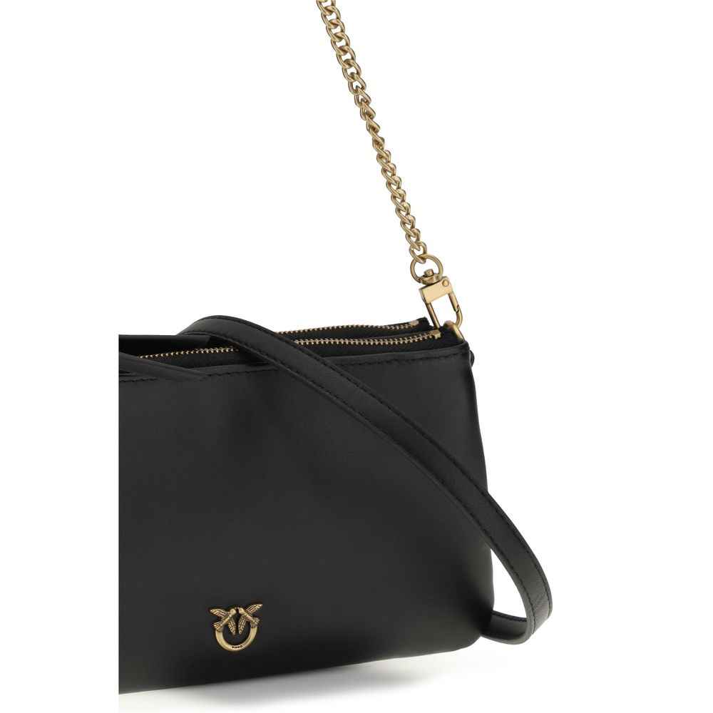 PINKO Mini Double Bag black calf leather crossbody bag with gold chain, front view