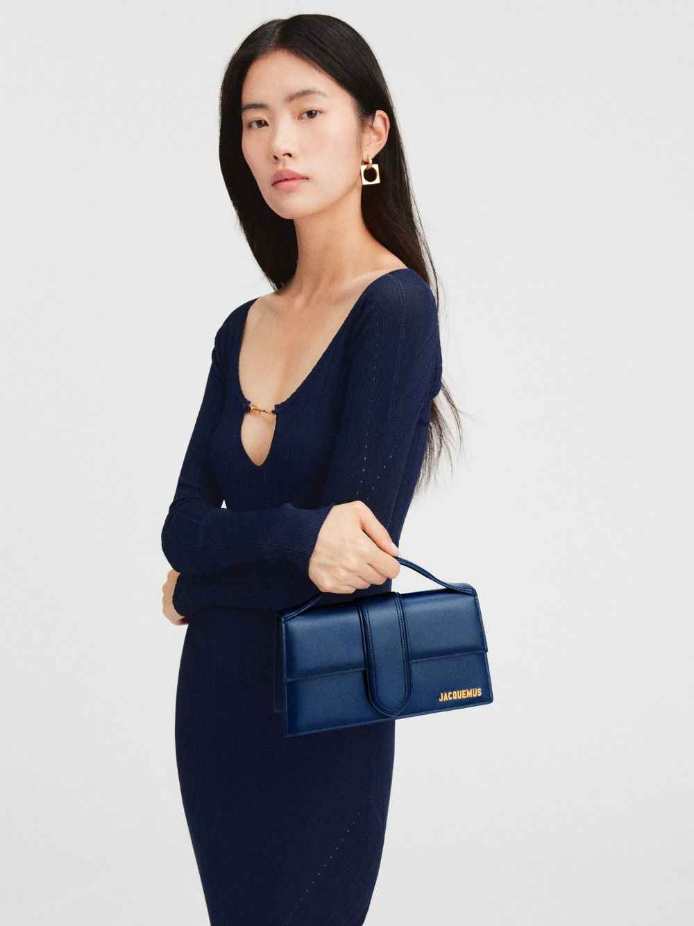 Jacquemus Le Grand Bambino dark navy leather top-handle handbag, front view