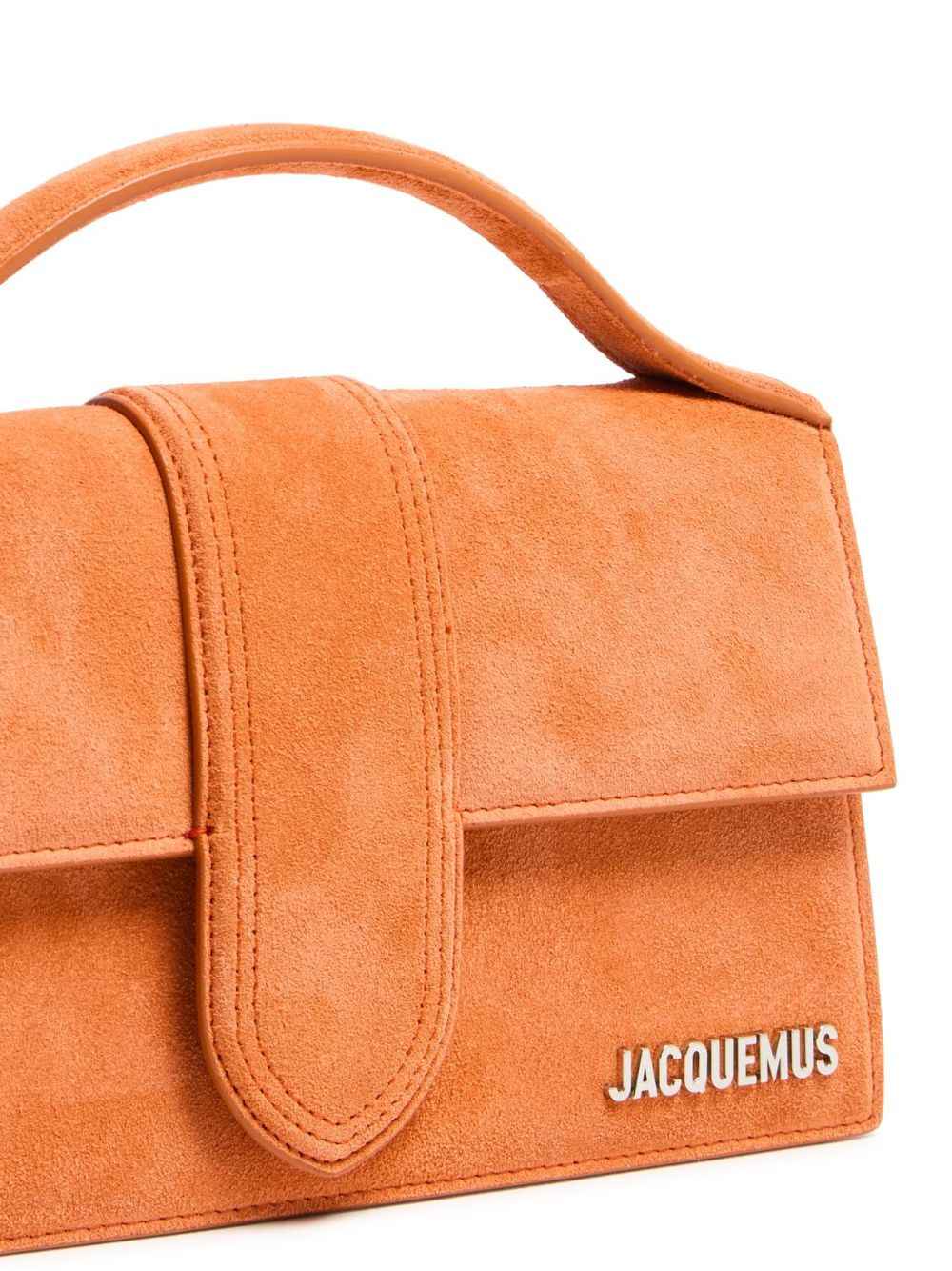 Jacquemus Le Grand Bambino crossbody bag in terracotta suede, front view with logo detail.