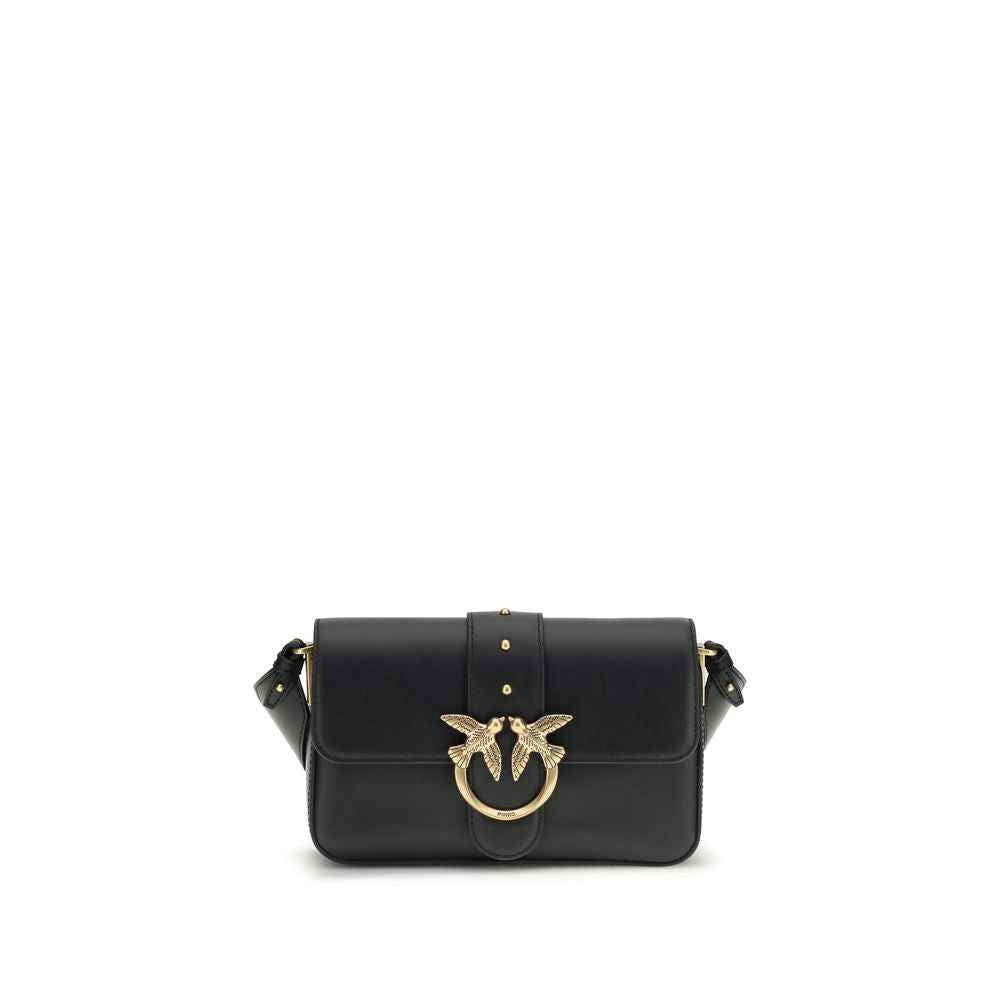 PINKO Mini Love Shoulder Bag, black calf leather, gold bird-ring clasp, front view