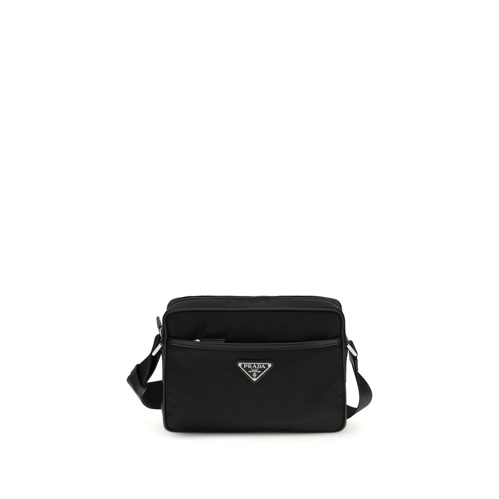Prada Re-Nylon and Saffiano Shoulder Bag, black nylon, front view.