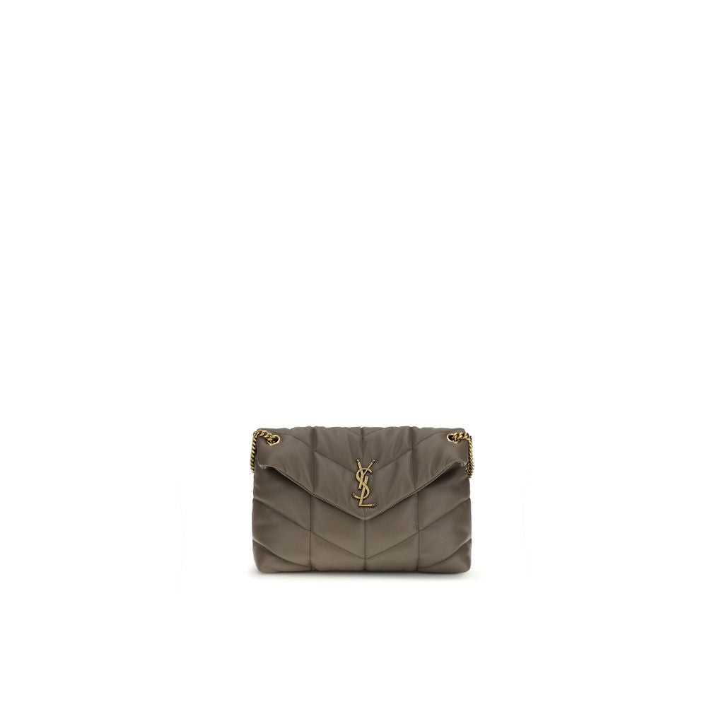 Saint Laurent Loulou Medium Shoulder Bag, gray quilted leather, gold-tone logo, front view
