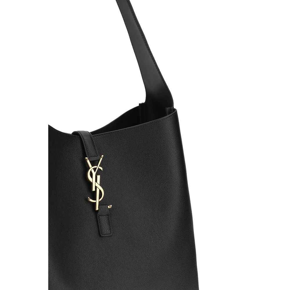 Saint Laurent Le 5 À 7 Large Shoulder Bag, black calf leather with gold YSL logo, front view
