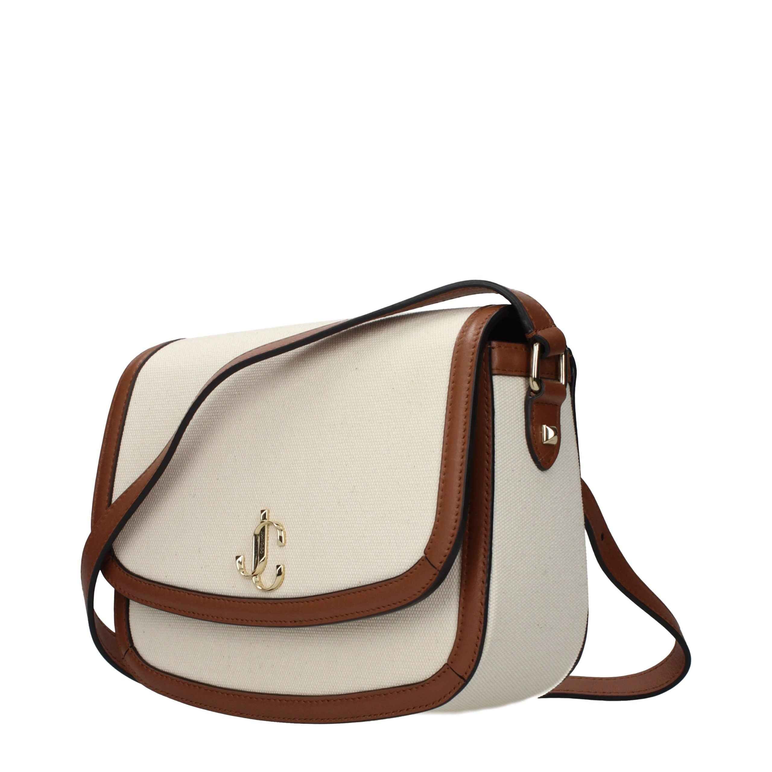 Jimmy Choo JC Satchel crossbody bag beige canvas with brown leather trim, front view