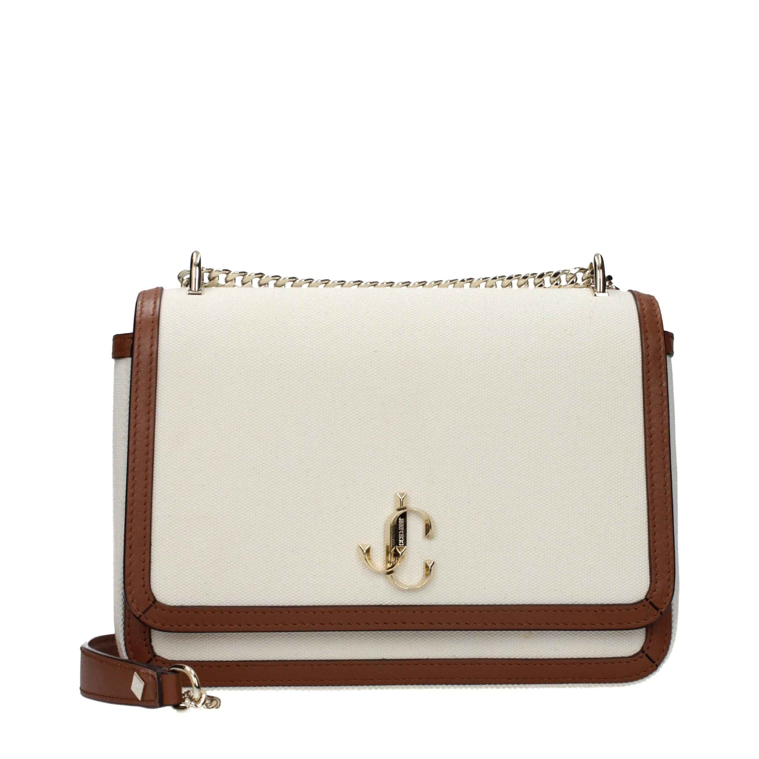 Jimmy Choo Clee Flap Crossbody Bag, beige canvas with brown leather trim, front view
