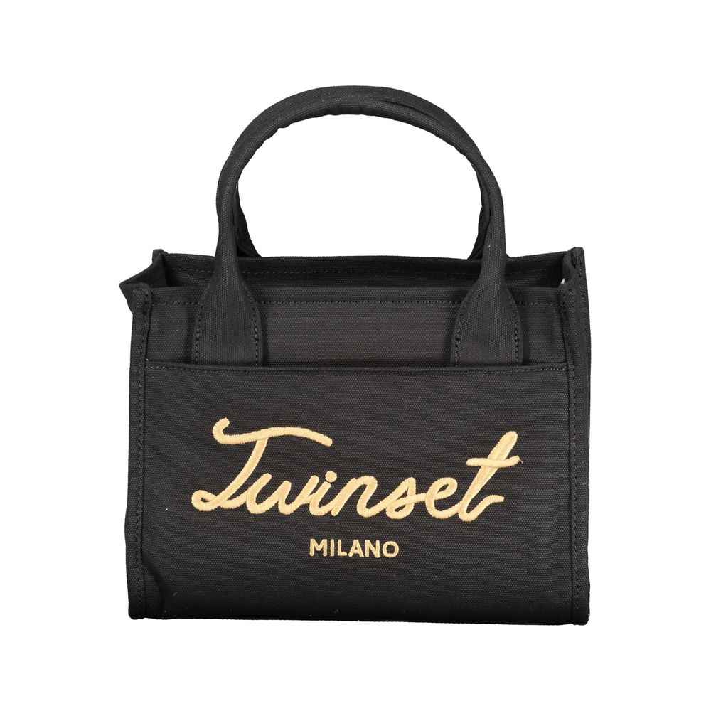 Twinset Milano black cotton handbag with gold logo, front view.