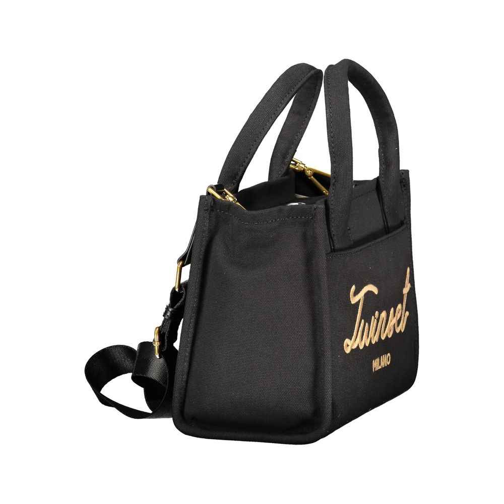Twinset black cotton handbag with gold logo on front, logo detail