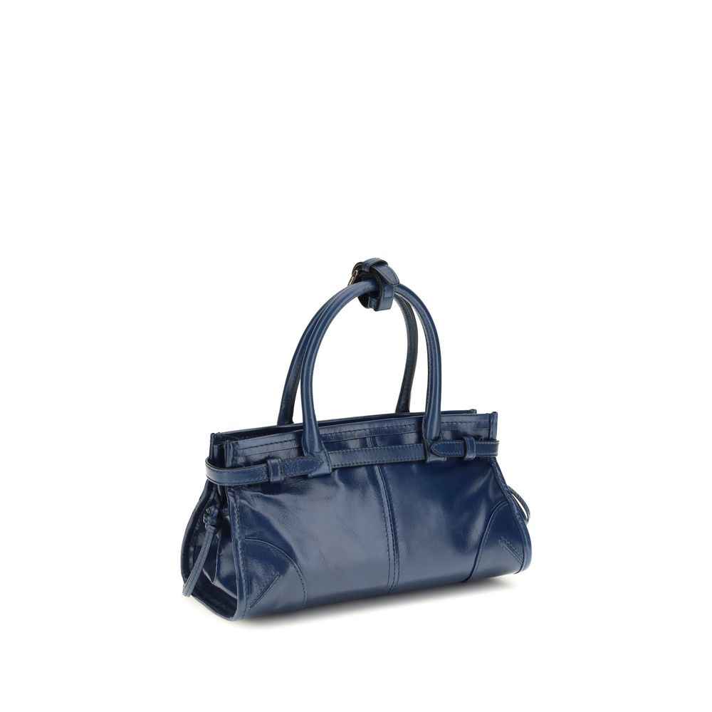 Prada Bonnie Mini Handbag blue leather, mini satchel, angled front view