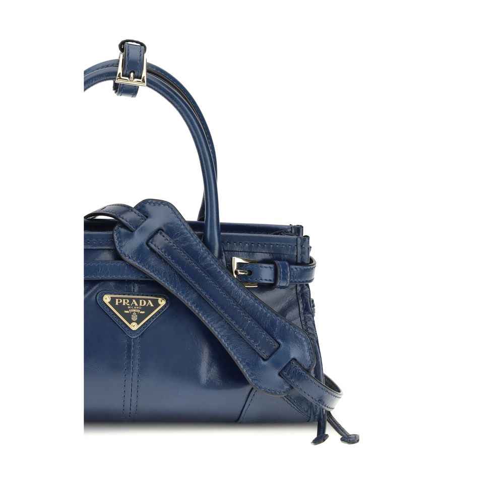 Prada Bonnie Mini Handbag in blue calf leather, mini top-handle satchel, front view