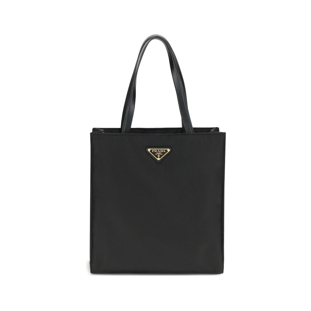Prada Re-Nylon Nappa Leather Tote, black tote bag with logo plaque, front view