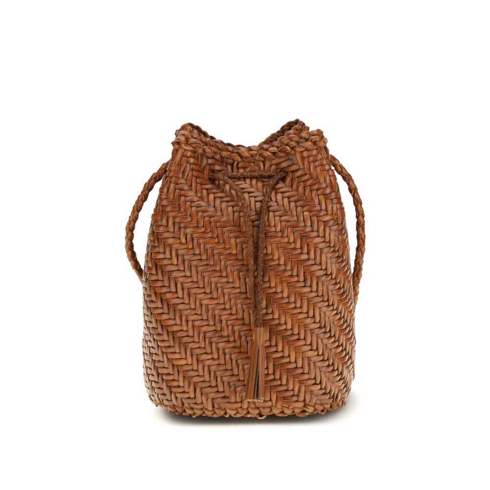 Dragon Diffusion Pompom Double Jumps brown woven leather bucket bag front view