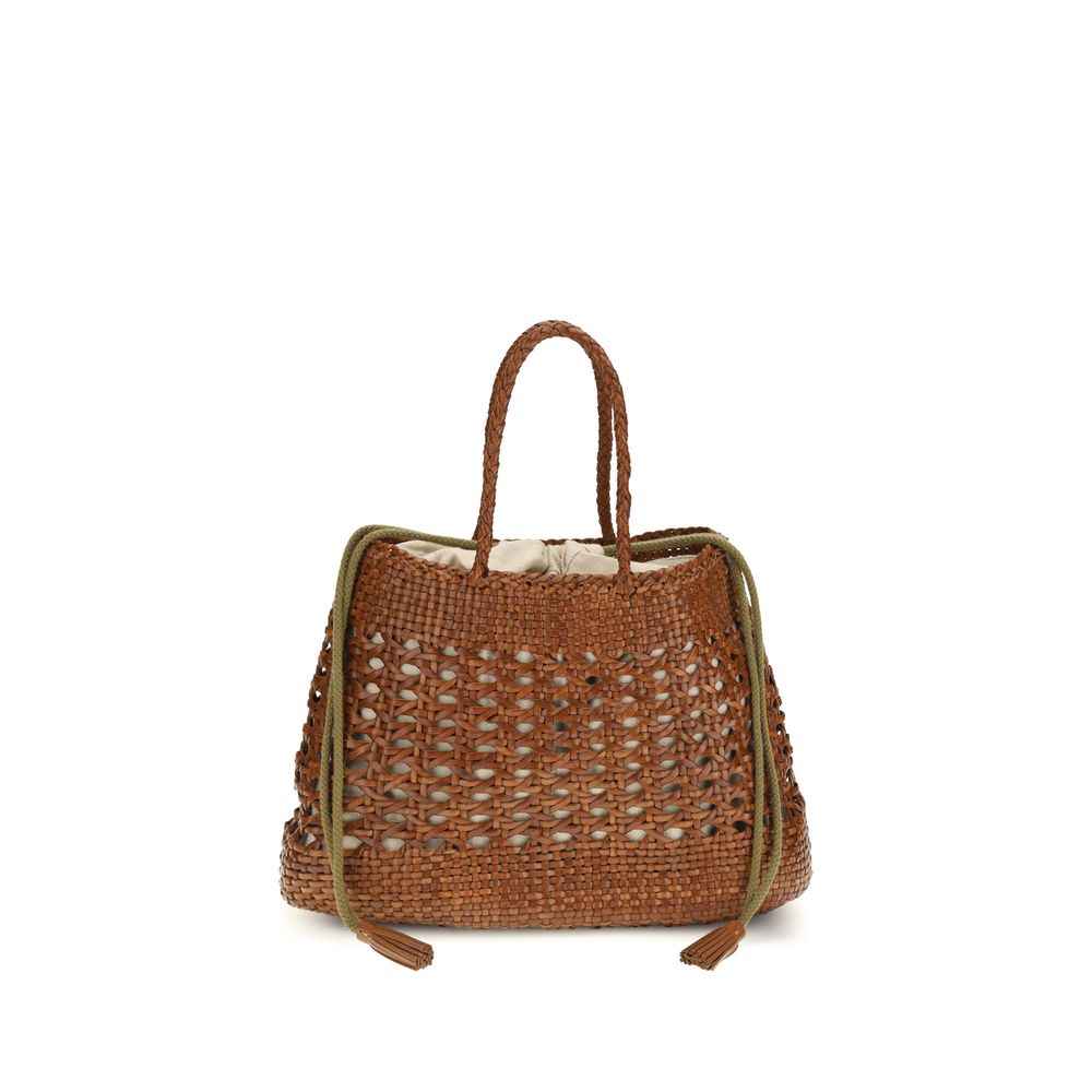 Dragon Diffusion Santo Cano handbag open-work leather basket, brown bucket bag, front view