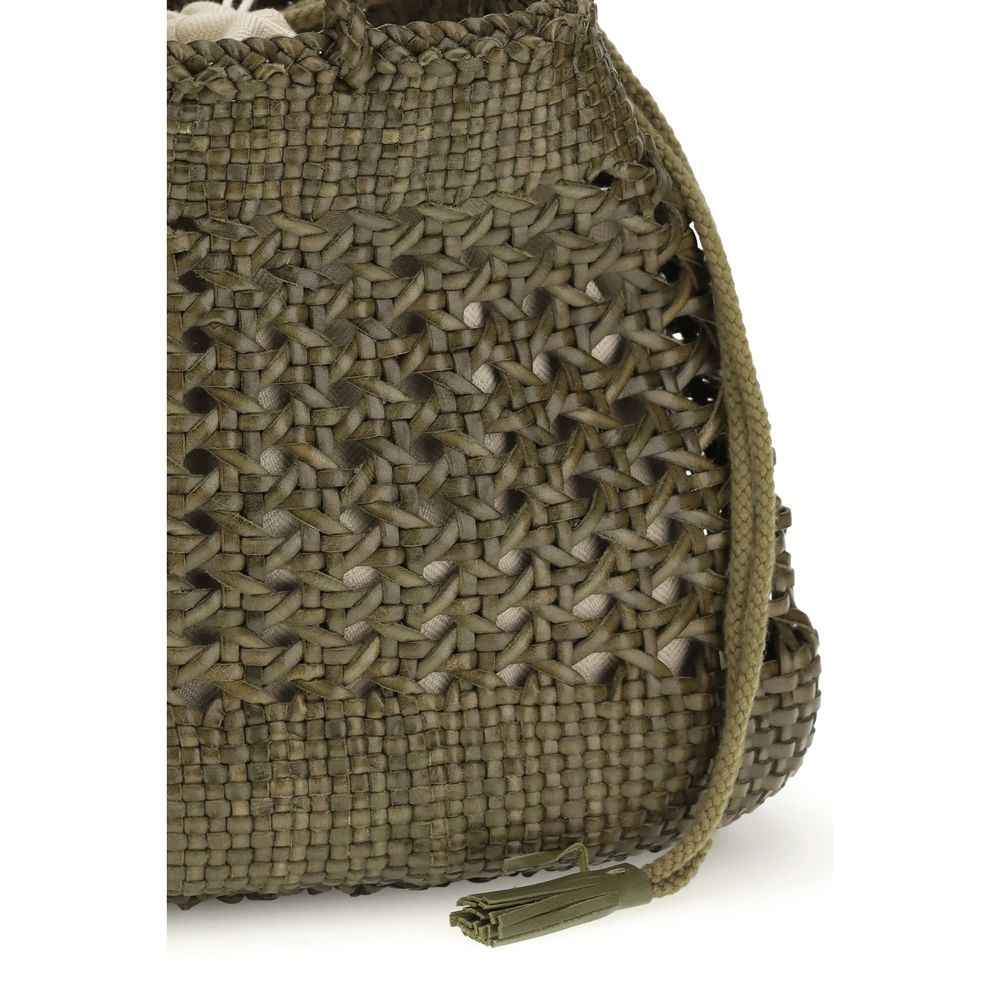 Dragon Diffusion Santo Cano olive green woven leather bucket bag side view