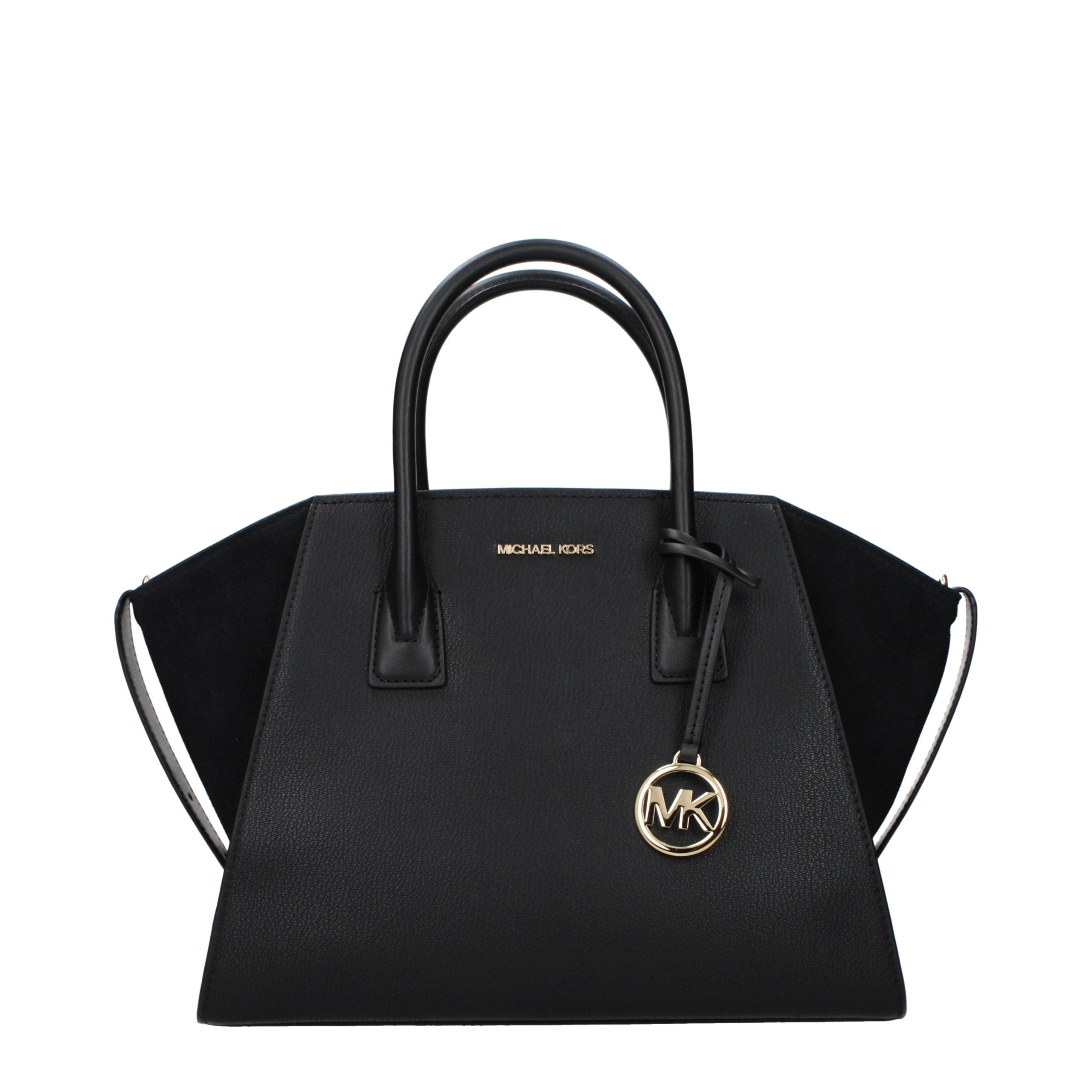 Michael Kors Avril Large Satchel in black pebbled leather with gold logo charm, front view