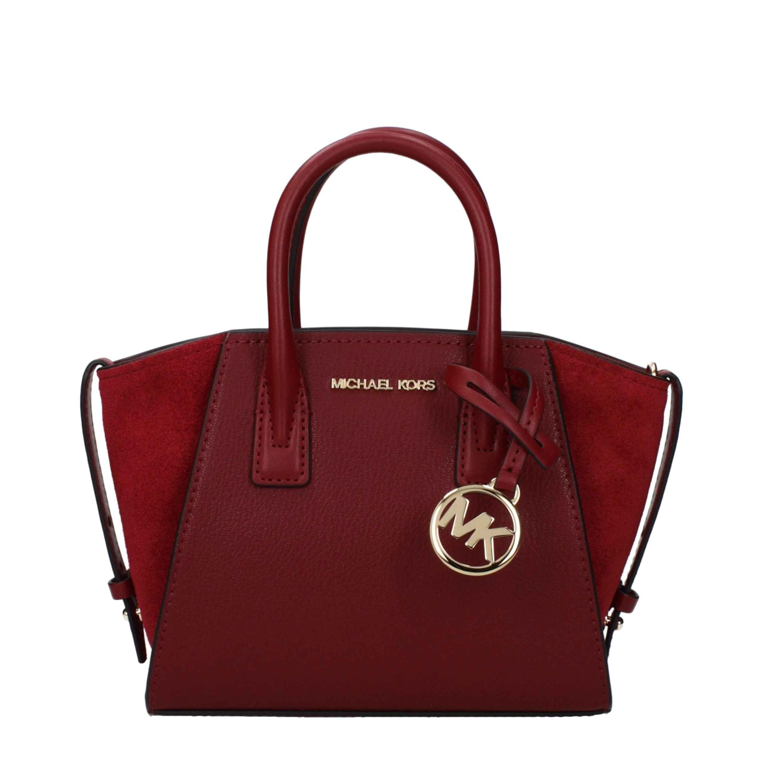 Michael Kors Avril Extra-Small Satchel Bag red leather, logo charm, top handles, front view