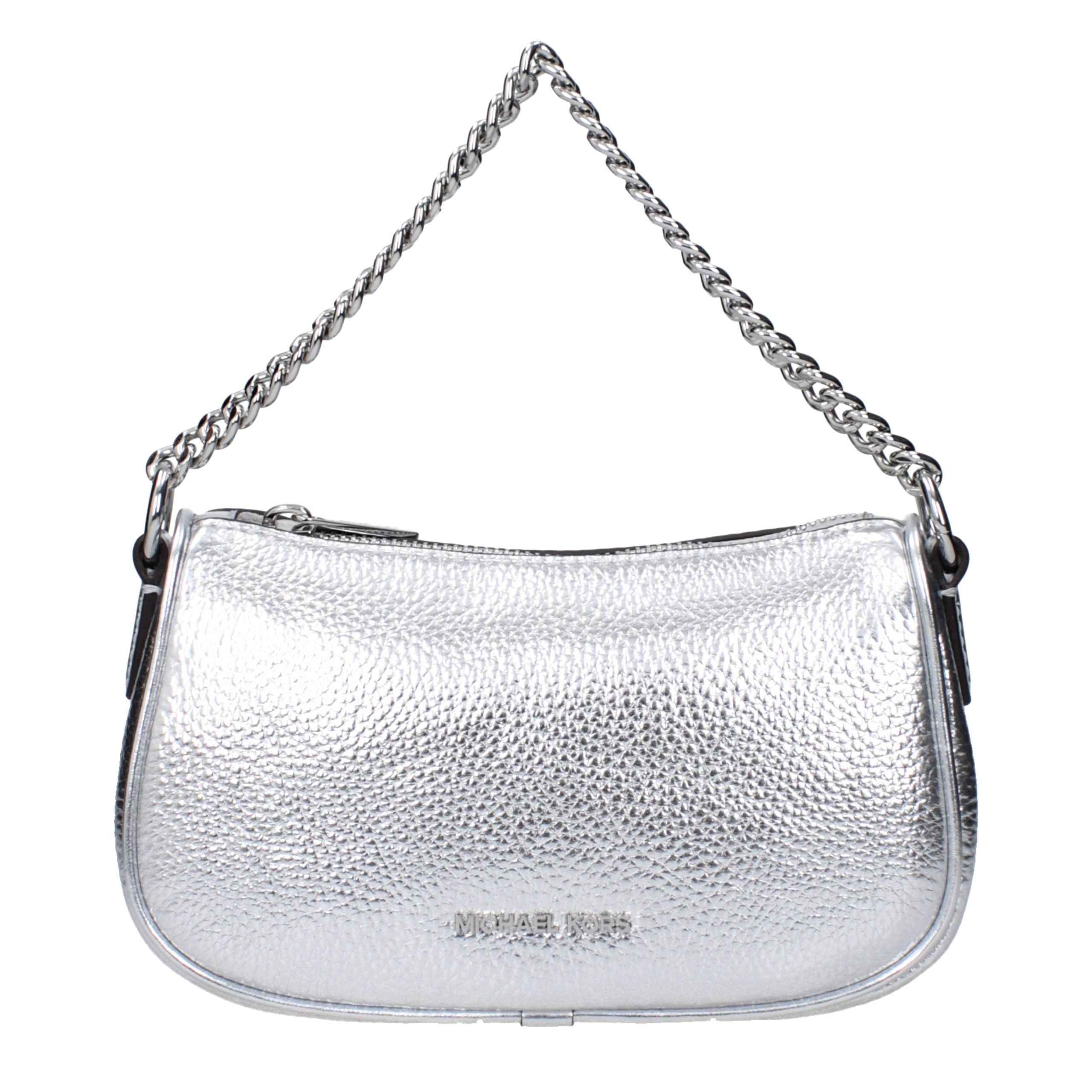 Michael Kors Carmela Small Convertible Crossbody, metallic silver leather, chain strap front view