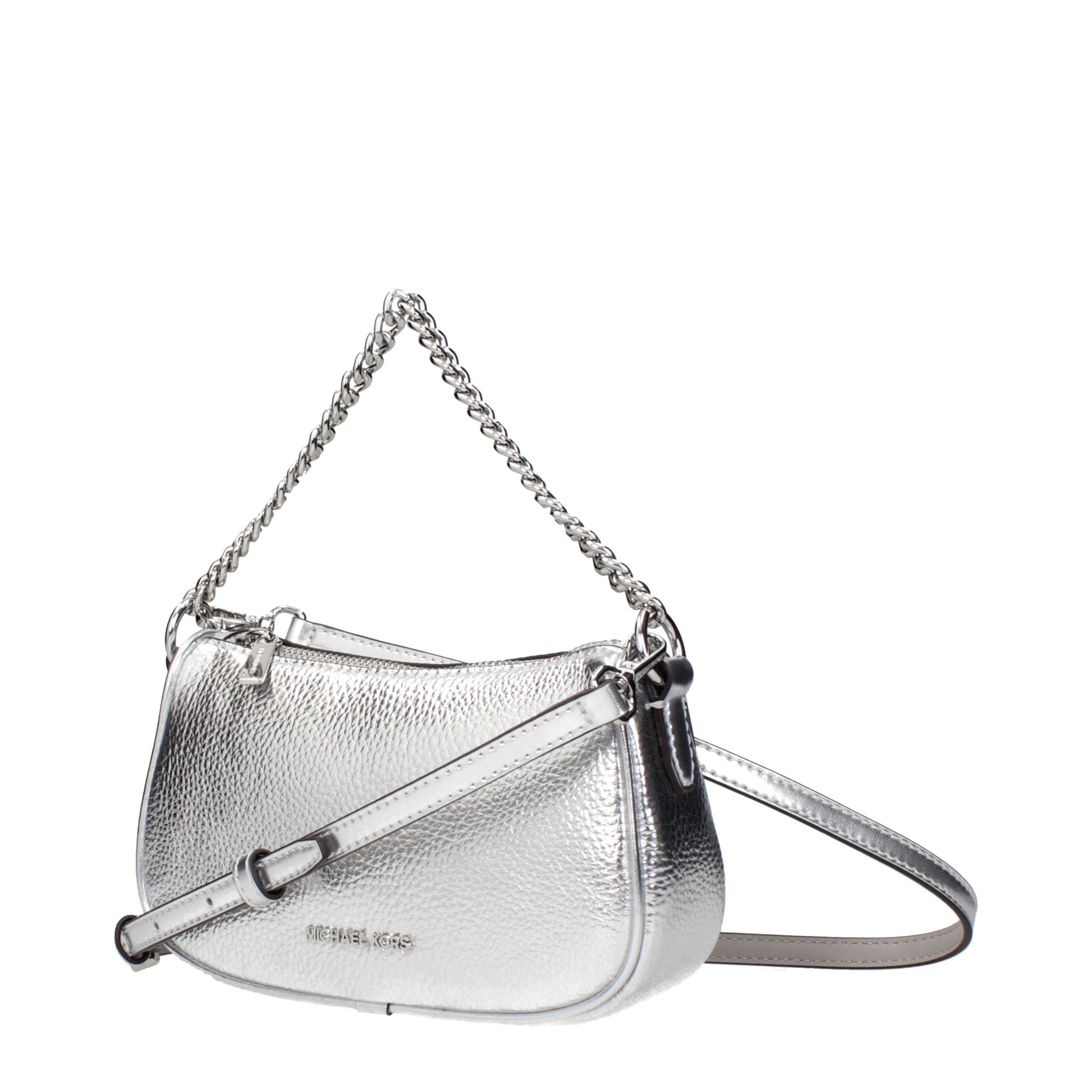 Michael Kors Carmela Small Convertible Crossbody bag in silver metallic leather, angled front view