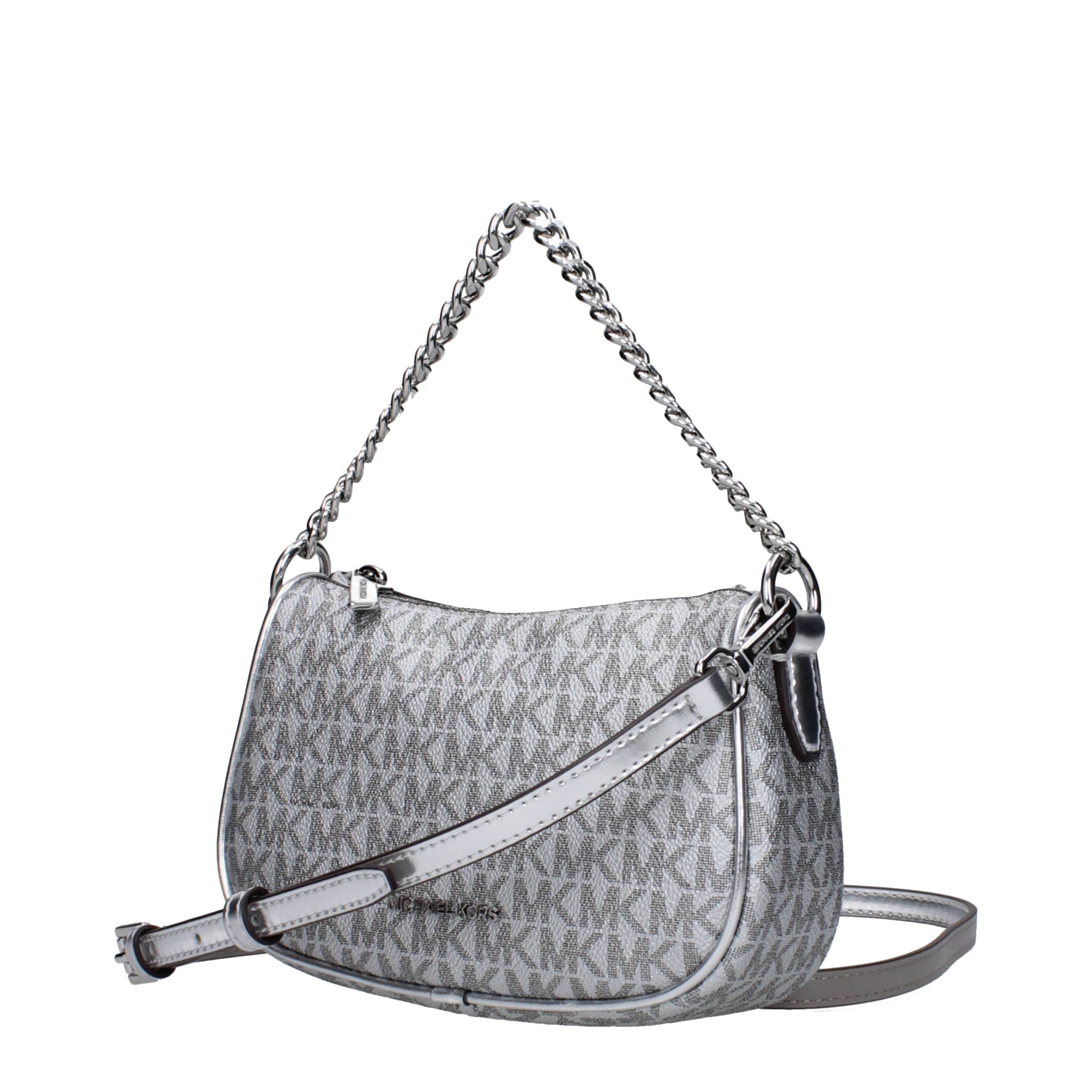 Michael Kors Carmela small convertible crossbody, gray jacquard fabric with MK pattern, chain strap, front view