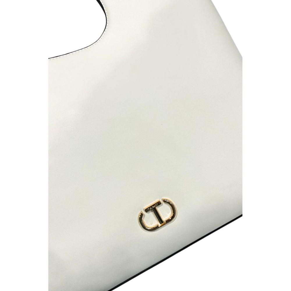 Twinset white PU handbag, structured bag with gold-tone logo hardware, front view