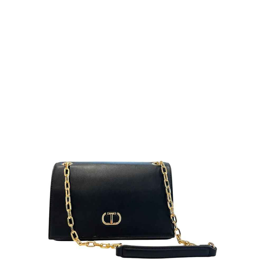 Twinset Black PU Women Crossbody Bag, black PU leather, gold chain strap, front view