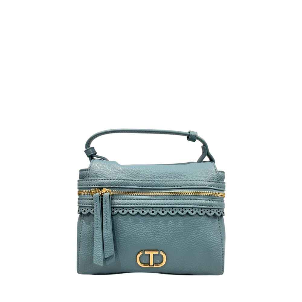 Twinset handbag blue PU leather with gold zipper, front view