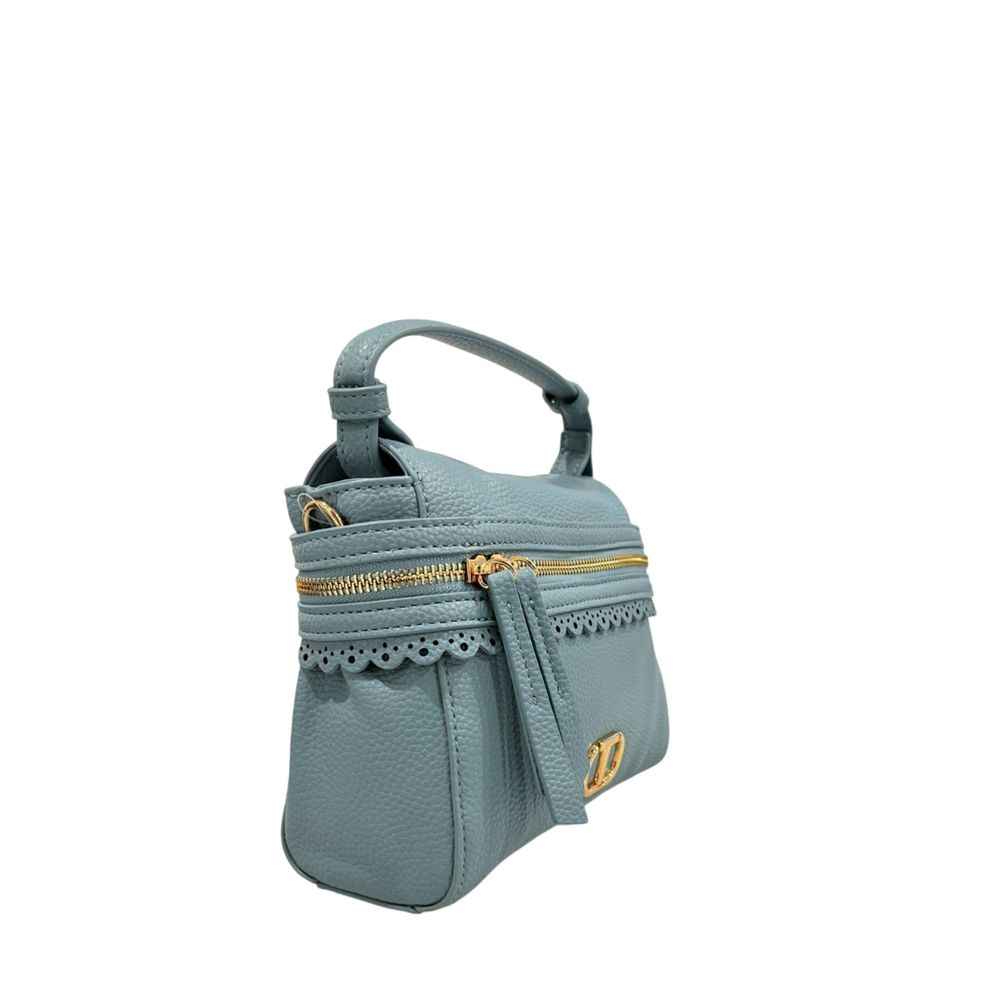 Twinset blue PU handbag with top handle, gold zipper, scalloped trim, side view