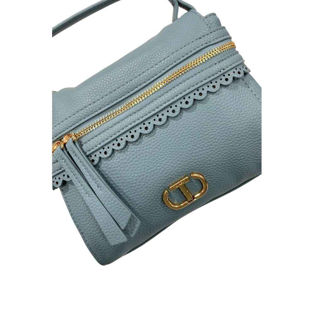 Twinset blue PU shoulder bag with gold hardware and scallop trim, front view