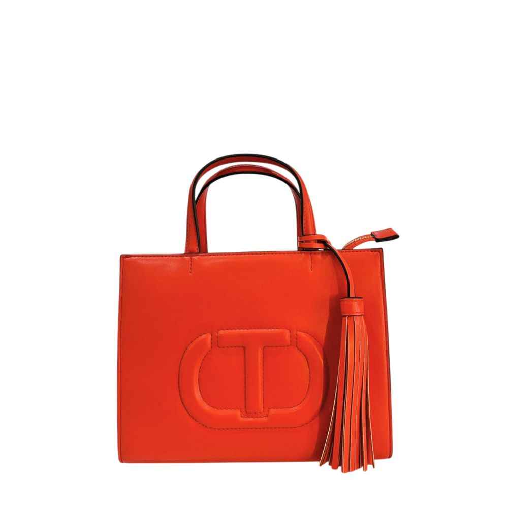 Twinset orange faux leather handbag with double handles and tassel front view