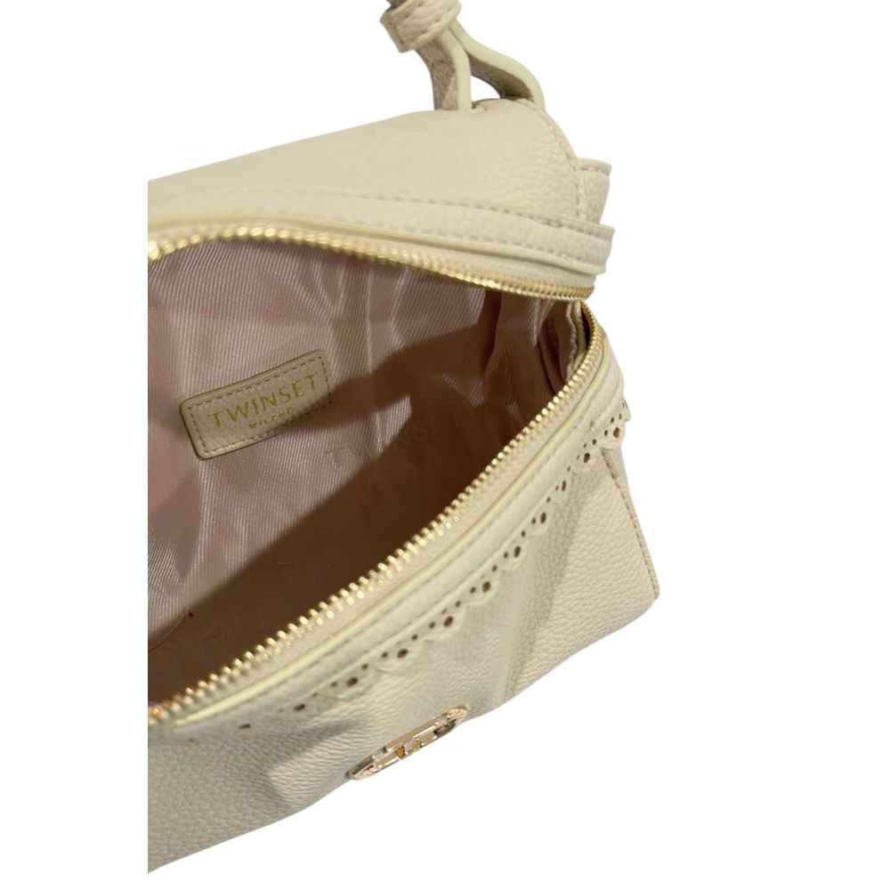 Twinset beige polyethylene shoulder bag with open zip showing pink lining interior view