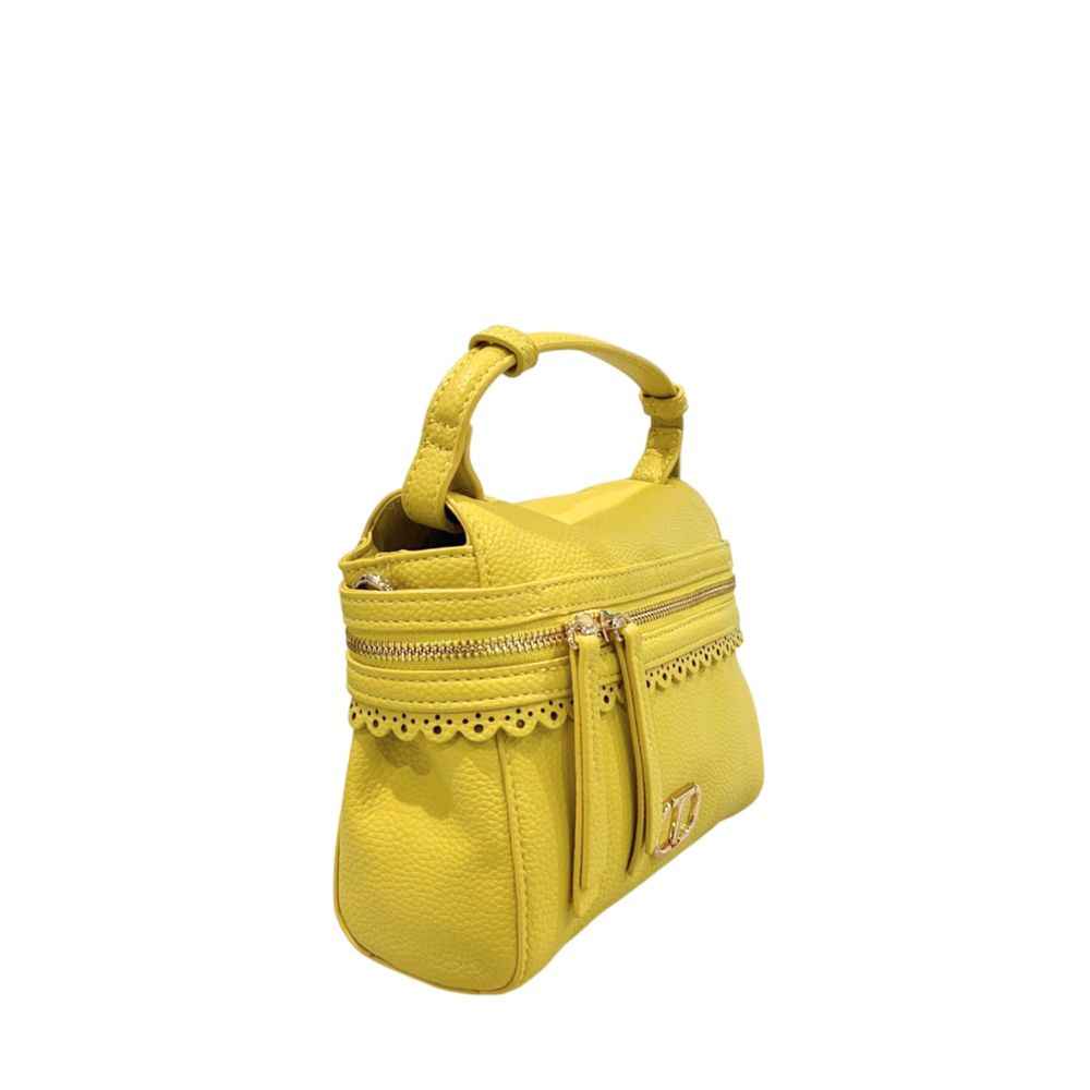Twinset Bicolor polyethylene shoulder bag, yellow mini handbag with pebbled texture, three-quarter view