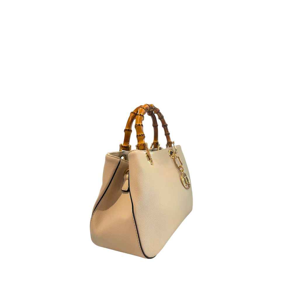 Twinset Fringe Handbag beige PU leather shoulder bag with bamboo handles three-quarter front view