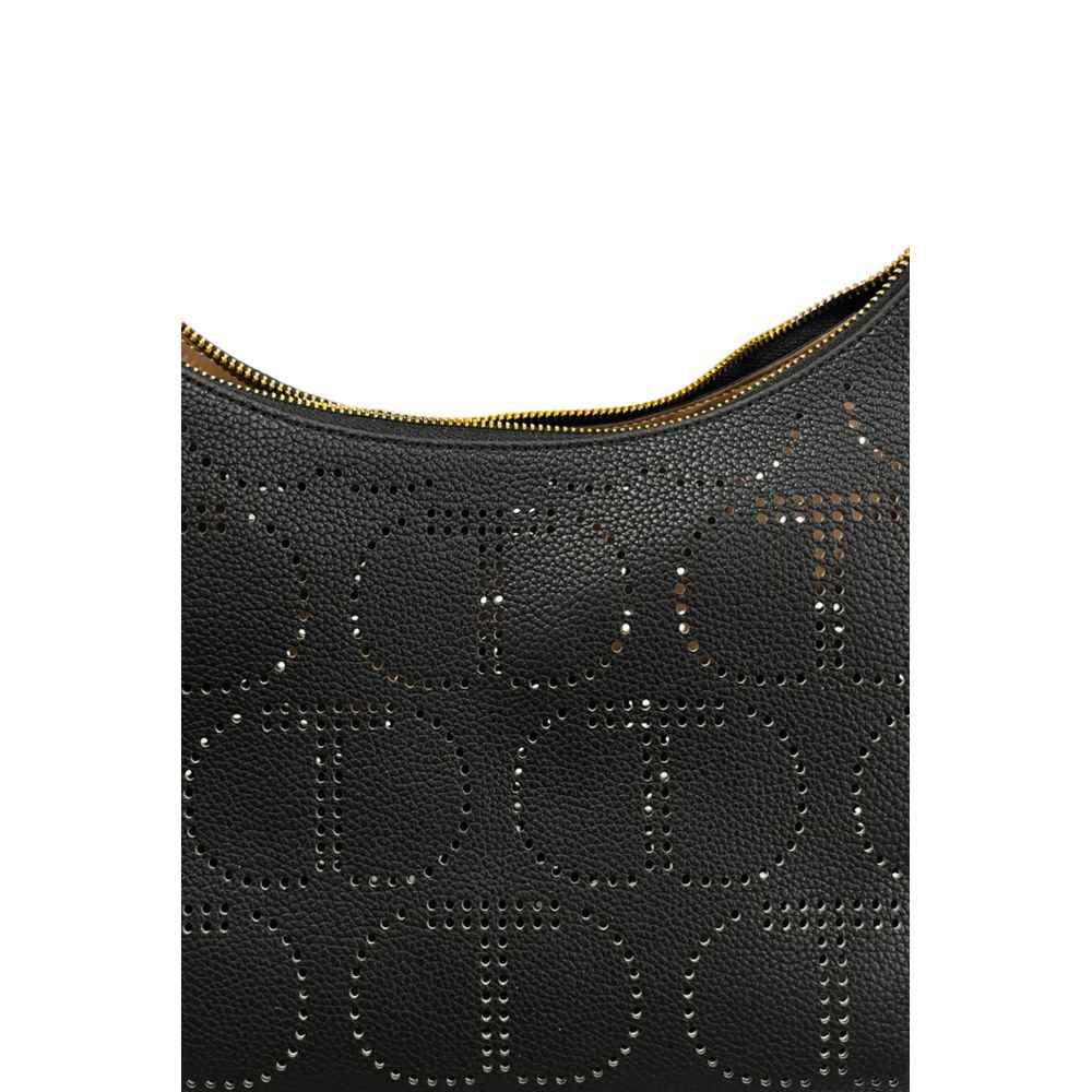 Twinset black shoulder bag, pebbled surface with silver studs, top zipper detail